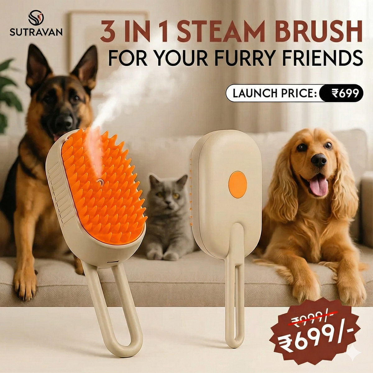 Sutravan 3-in-1 Spa Steam Brush: Groom, Massage & De-Shed Your Loved Pets