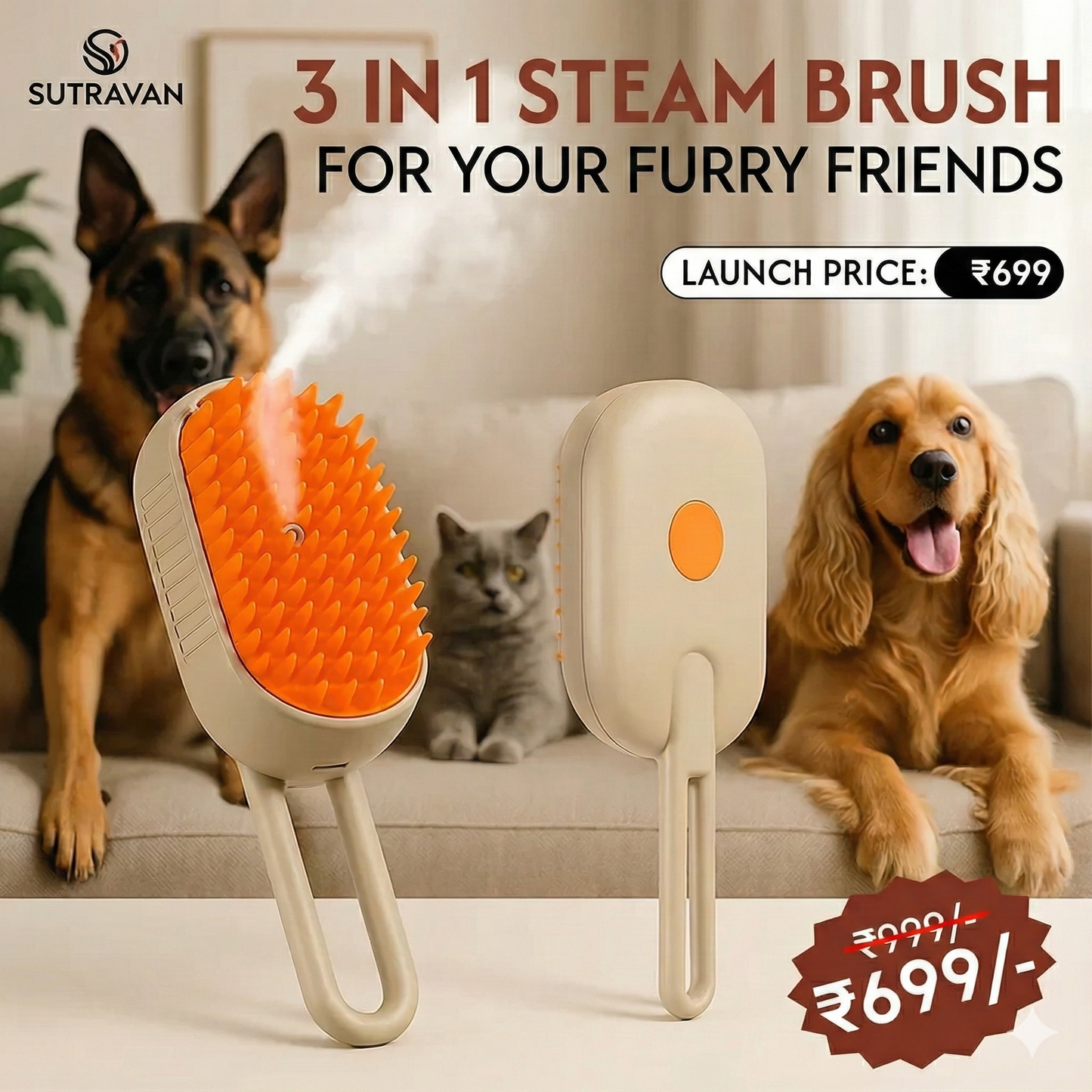 Sutravan 3-in-1 Spa Steam Brush: Groom, Massage & De-Shed Your Loved Pets